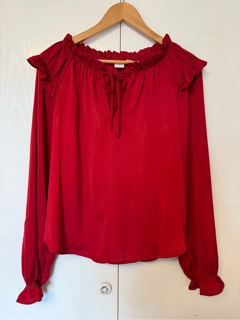 GAP Sz M Crimson Red Boho Ruffle Tie Neck Long Sleeve Blouse Romantic Prairie